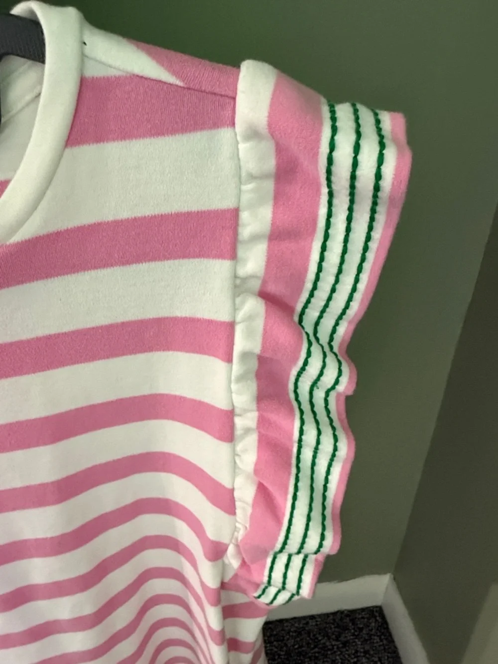 crown & ivy Pink and White Striped Flutter Sleeve Top with Green Trim - Picture 4 of 4